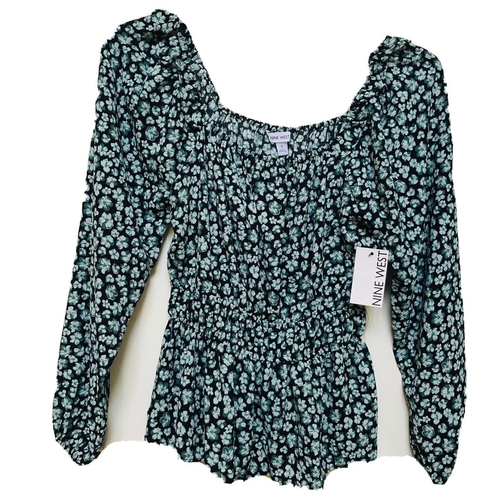 NINE WEST Fashion Top Size S Long Sleeves Square Neck Peplum Blouse Black hgd